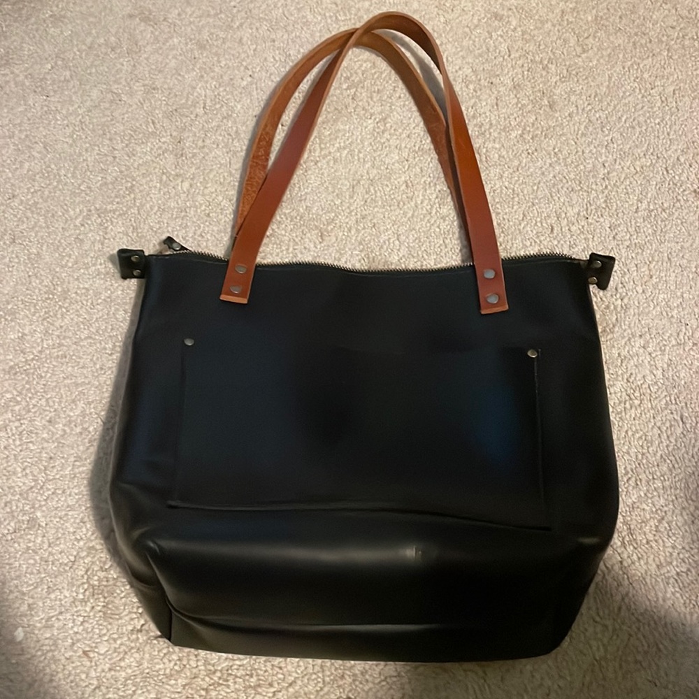 Small Black Portland Leather Goods Zipper Tote (with tan handles)